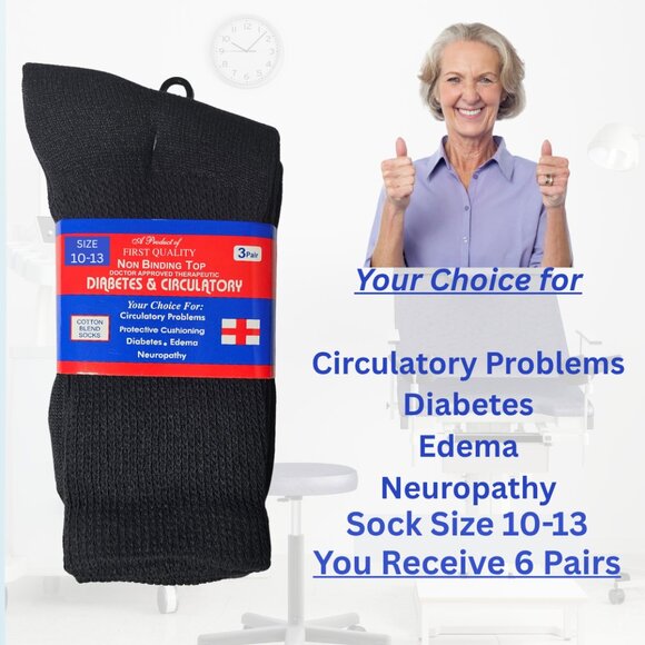 Men's Black Crew Diabetes Diabetic Socks Neuropathy Edema Cotton Size 10-13 New - Picture 2 of 5